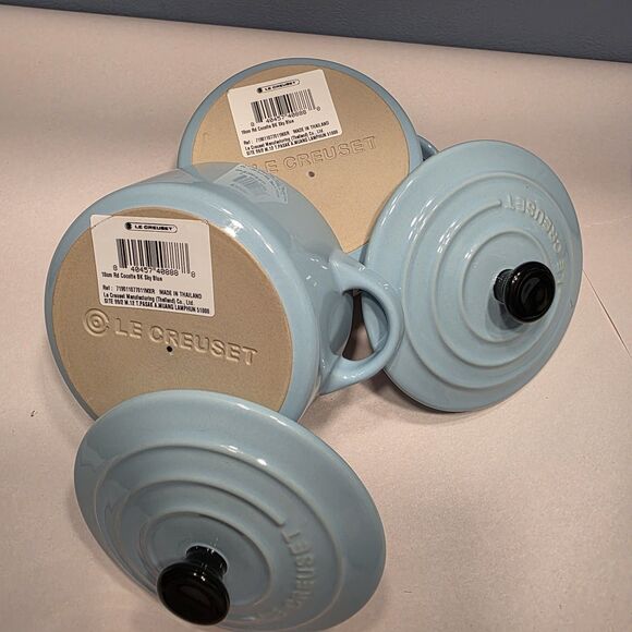 Pair Le Creuset 2 Pc Set Mini Round Cocotte Sky Blue Stoneware Pots with Lids - Picture 7 of 11